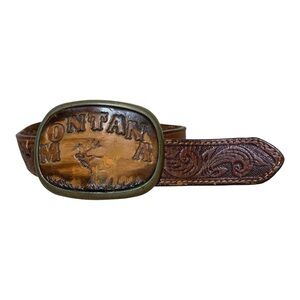 Kids Vintage Leather (Cow Hide Inlay) Western Belt with Montana Buckle Sz 24 in